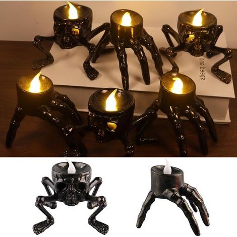 Set di 6 decorazioni LED per Halloween, candele spettrali, lumini a forma di teschio, candele a scheletro senza fiamma per uso interno ed esterno, decorazione da giardino (1/5)