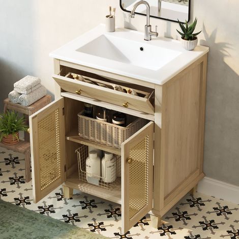 Meuble de salle de bain avec vasque 61 cm, à poser, en MDF et céramique, couleur bois naturel HAVRYA (1/5)