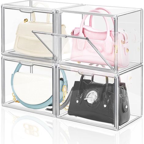 Lot de 4 organiseurs de sacs en plastique transparent pour placard, boîte d'exposition en acrylique pour sacs, boîtes empilables avec porte magnétique pour sac à main, pochette, portefeuille (1/5)