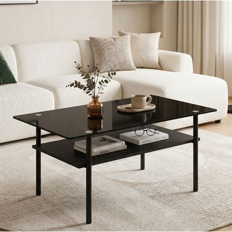 Table basse fixe 98x58x45 cm verre noir, MDF et métal, avec rangement pour salon FloraGrace (1/5)