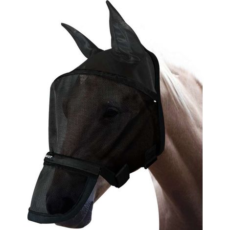 Cob, Nero: Maschera per cavalli antimosche con coprinaso rimuovibile modello Big Mask