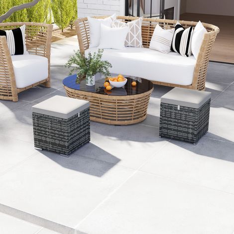 Lot de 2 tabourets gris clair avec coussin et coffre de rangement en rotin synthétique, repose-pieds d'extérieur pour jardin, 40 x 40 x 41 cm