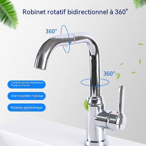 Robinet de Lavabo Rotatif à 360°, Acier Inoxydable, Mitigeur Eau Froide et Chaude, Anti-Éclaboussures (1/4)