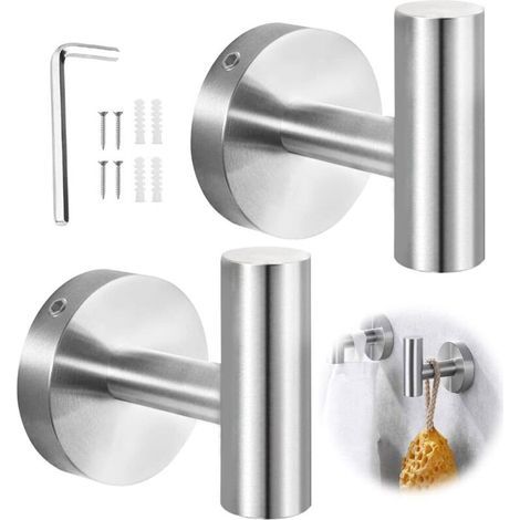 Patère de salle de bain en acier inoxydable argent – Lot de 2 crochets muraux – Installation facile – Résistance à l'eau et à la corrosion - MAX15Kg (1/5)