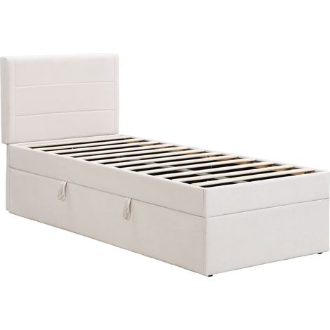 Lit rembourré, 90 x 200, lit simple avec sommier à cadre métallique, grand espace de rangement, sans matelas, beige, 200 x 90 cm. (1/5)
