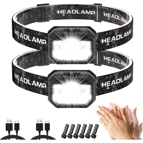 Rechargeable Headlamp, 2000 Lumens Super Bright LED Head Torch, 11 Light Modes Motion Sensor Torch, Headlamp with Red Light for Fishing, Cycling - 2 Pcs