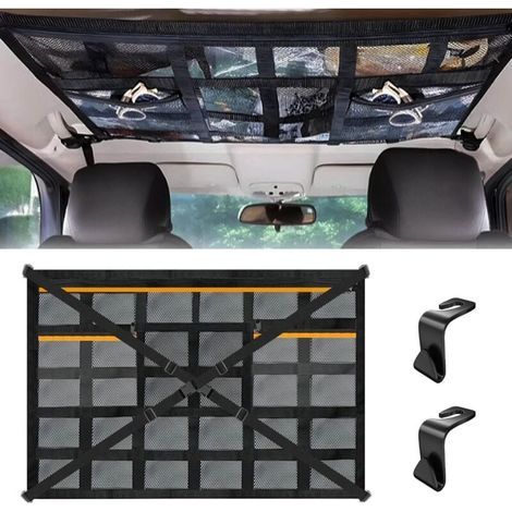 Filet de rangement pour voiture, 90 x 65 cm, avec 3 poches zippées, convient à la plupart des véhicules, SUV, fourgonnettes et jeeps. (1/4)