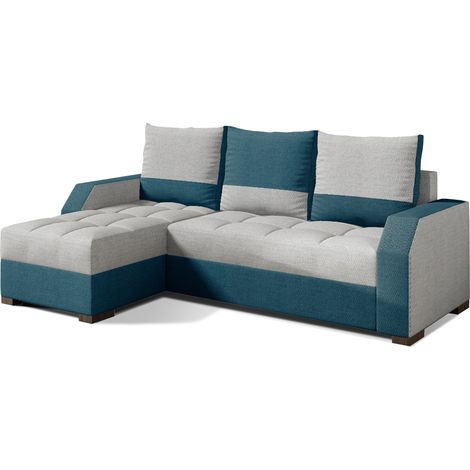 Canapé convertible angle réversible design tissu gris clair et bleu turquoise Zarky 250cm (1/5)