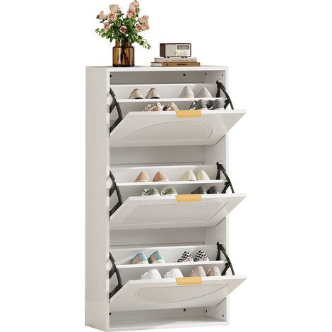 ELVMI Scarpiera con 3 ante a ribalta e ripiani regolabili, per ingresso, in MDF e pannelli, 60 x 24 x 114 cm, Bianco (1/5)