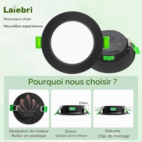 Spot LED Encastrable Plat Spots de Plafond Dimmable Intensités Sans Variateur 2700K 4000K 6000K Spot Salle de Bain Découpe Ø58-68mm 230V Noir (1/4)