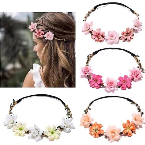 Blumenstirnband, Set mit 4 elastischen Haarbändern, Blumengirlande für Hochzeiten, Feste und Partys. (1/4)