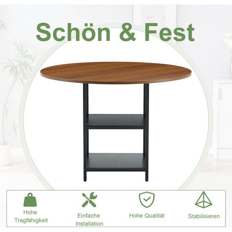Table ronde 107 cm en noyer avec rangement double niveau + 4 chaises de salle à manger beiges en tissu, dossier fleuri – ensemble repas compact pour petit espace. (1/5)