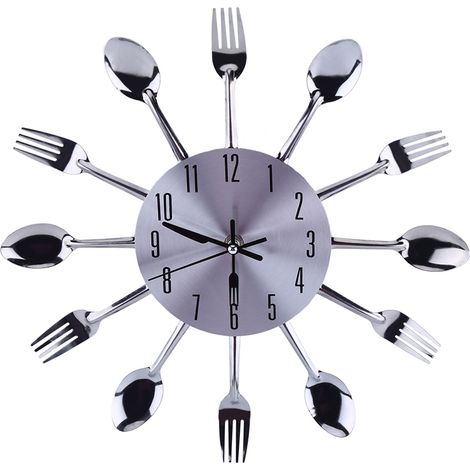Cuillère Fourchette Miroir 3D Argenté Design Moderne Horloge Murale Décor Cuisine DIY Ensemble (1/5)