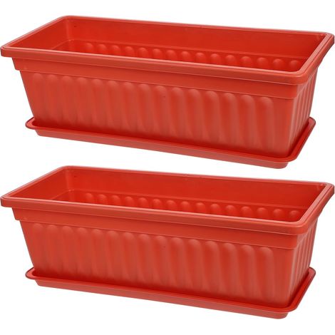 Housoutil 2 Pièces Lot de 2 Jardinières Rectangulaires en Plastique Brique Rouge 45 Cm avec Soucoupes, Pots de Fleurs Extérieurs pour Balcon et Jardin, Drainage et Pieds Surélevés, pour (1/5)