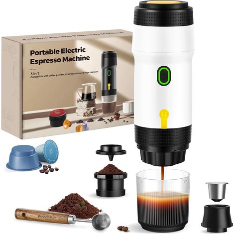 Tragbare Kaffeemaschine, 3-in-1-Espressomaschine, 20 Bar Druck, 92 °C Extraktion, 7500 mAh Akku, USB/Auto-Aufladung, für Kapseln und gemahlenen Kaffee (weiß) (1/5)