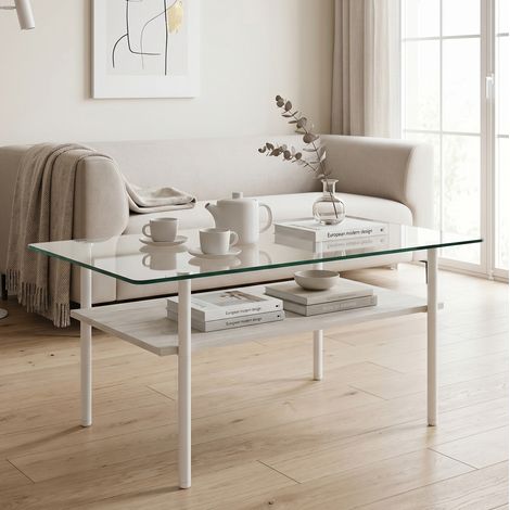 Mesa de centro (98x58x45 cm), de dos niveles, con tablero de vidrio templado, MDF y metal blanco (1/5)
