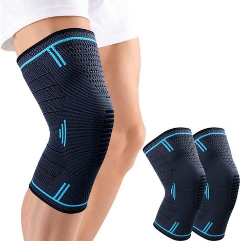 Ginocchiera sportiva in due pezzi, con supporto elastico regolabile per rotula e legamenti, traspirante, blu, taglia 2XL. (1/5)