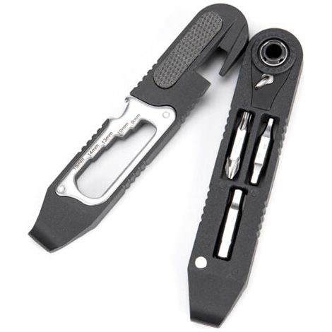 Outil multifonction 16 en 1 pour vélos avec cliquet, démonte-pneu et mini kit de réparation pour chambres à air et crevaisons. (1/4)