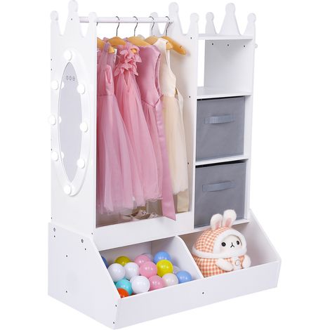 Armoire de chambre pour enfants en bois – Miroir intégré, éclairage LED, penderie ouverte avec bac de rangement – Mobilier blanc idéal pour déguisements et vêtements – Couleur : blanc (1/5)
