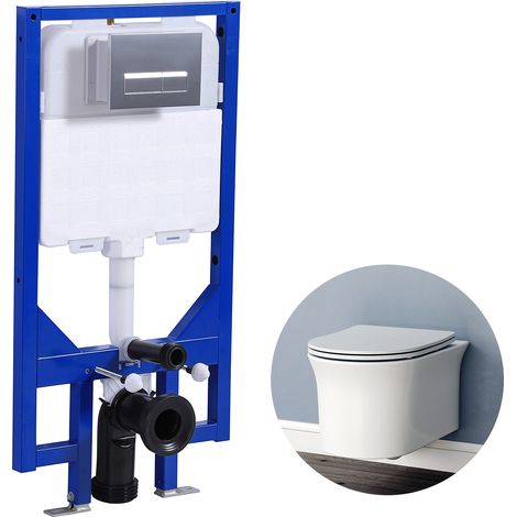 Bathroom Wall Hung Toilet 1.14M Concealed Cistern Frame Set Rimless Round WC pan UF Soft Close Seat (1/5)