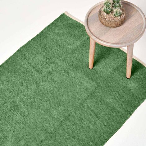 HOMESCAPES Dark Olive 100% Cotton Plain Chenille Rug with Natural Trim, 66 x 200 cm