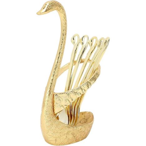 Ensemble de couverts en forme de cygne pour café, dessert, fruits, cuillère, dessert, décoration de table (doré) (1/5)