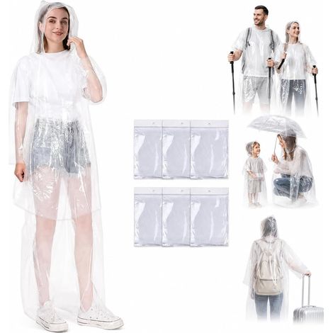 Lot de 6 capes de pluie protectrices, imperméables jetables, transparentes, ponchos de pluie imperméables avec capuche et manches, pour hommes et femmes, capes de pluie pratiques pour les voyages, la (1/5)