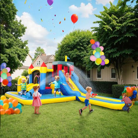 Château gonflable avec soufflerie parc aquatique toboggans. trampoline. mur d'escalade. canon. panier de basket