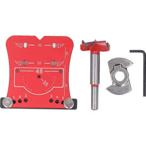 Herramienta de apertura de orificios para bisagras de aleación de aluminio de 35 mm, guía de perforación de posicionamiento rápido y juego de brocas rojas. (1/5)