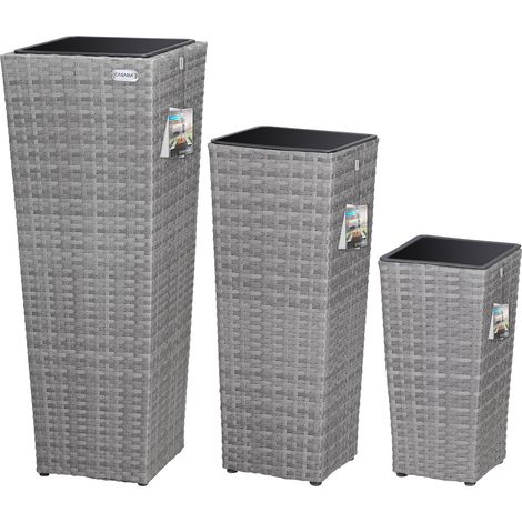 CASARIA® 3x Rattan Plant Pots  Flower Box Set  Water Drainage with Lock  Wicker Look Indoor Outdoor Flower Boxes  Entrance Decoration  Black, Brown, Cream  Grey