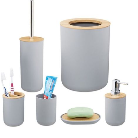 Bardusch - Relaxdays accessoires salle de bain, lot de 6, en plastique et en bambou, ensemble complet, gris (1/4)