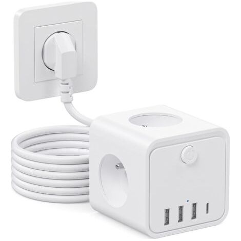 Pr 7 en 1 Multiprise USB Multiple 3 Prises Multiple avec 1 Type C et 3 Ports USB, 1.5m Cable Multiprise avec Interrupteur Parafoudre (1/5)