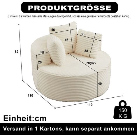 Fauteuil rond en velours côtelé d'un diamètre de 110 cm – un fauteuil confortable et décontracté, livré avec trois coussins décoratifs et présentant un design minimaliste. (1/4)