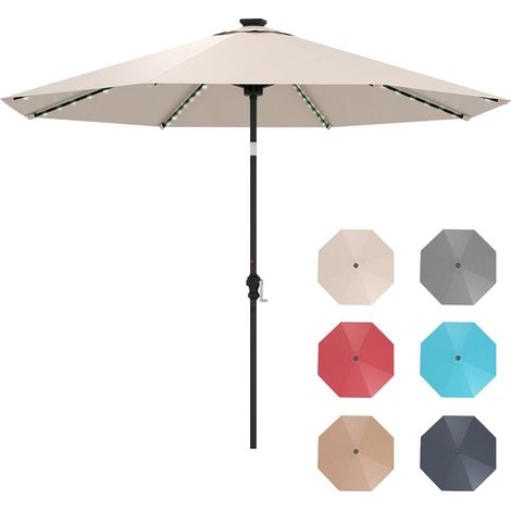GOPLUS 3M Parasol de Jardin Extérieur, Grand Parasol Inclinable 35° avec 96 Lampes LED Solaires & Manivelle, 8 Baleines Solides, pour Jardin, Balcon, Plage, Piscine, Base Non Incluse (Beige) (1/5)