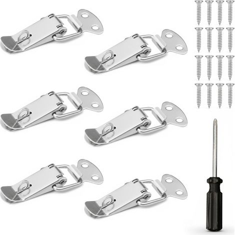 Lot de 6 Fermoirs à Tension avec Vis et Tournevis, Verrous à Loquet Ressort à Bascule en Acier Inoxydable avec Trou de Cadenas pour Boîte à Outils, Coffres, Tiroirs et Armoires (S) (1/5)