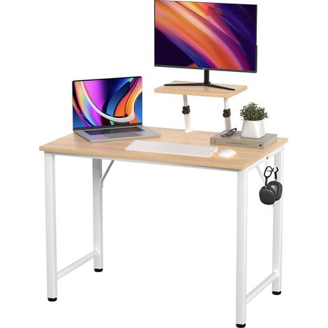 Bureau Multifonction en Bois Massif avec Support Écran & Porte-Casque - 80x40x75cm, Design Moderne pour Étude/Bureau/Repas - Structure Robuste & Organisation Intelligente (1/5)