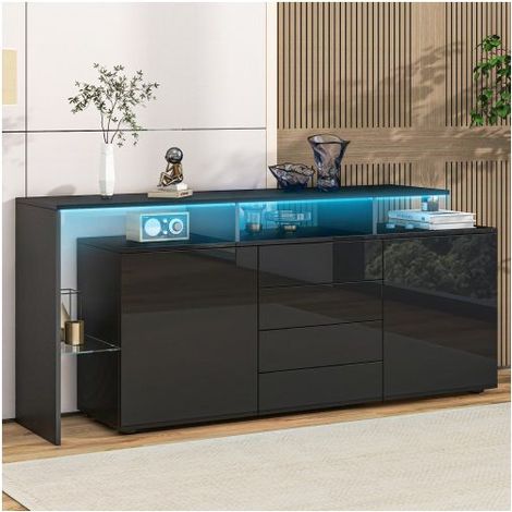 Buffet 160x35x70cm Noir Brillant avec Éclairage LED Intelligent - Buffet salon - 4 Tiroirs, 2 Portes Push, Étagère Verre, Pratique (1/5)