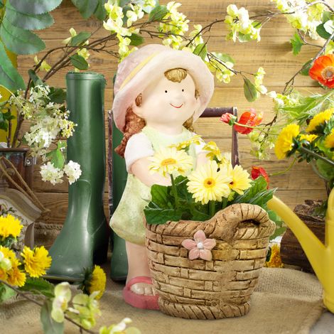 Outsunny Gartenfigur "Mädchen mit Blumenkorb", Gartendekoration, wetterbeständig, 20 cm x 30 cm x 40 cm