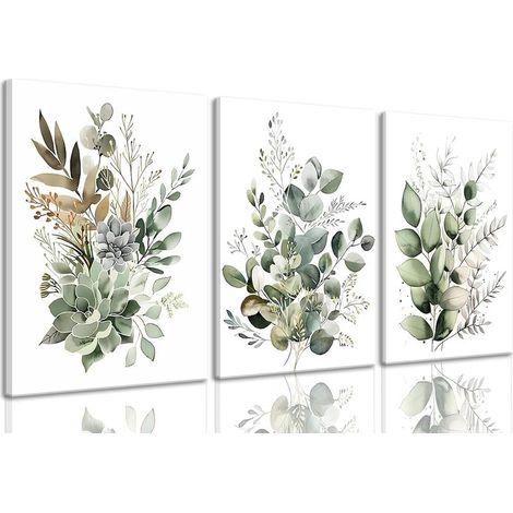 Tableaux encadrés en toile – Ensemble de 3 aquarelles florales bohèmes et minimalistes, style moderne, prêts à accrocher (1/4)