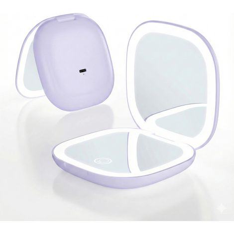 Miroir de Maquillage Compact Lumineux grossissant 10X, B1268, Violet Miroir double avec vue standard et grossissement 10x, trois teintes LED et luminosité réglable. (1/5)