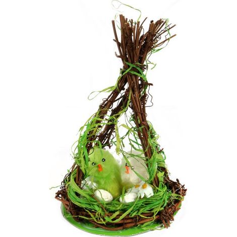 Decorazione pasquale - Galline con uova in una casetta di rami 18 cm (1/2)
