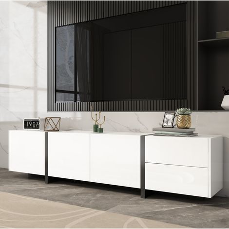 Mueble TV lowboard 170 x 30 x 39 cm blanco y negro con 3 puertas, 1 cajón DESVIAE (1/5)