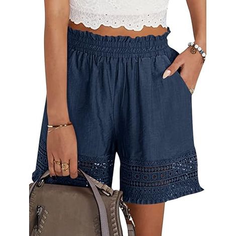 Short femme été lin élastique taille, short yoga lounge confortable stretch dentelle volant, short plage bohème fluide, coupe décontractée, broderie légère, 2 pièces. (1/5)