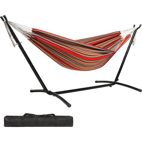 hamac double en toile rouge avec structure en acier ensemble support pour camping exterieur capacite de charge 300 kg