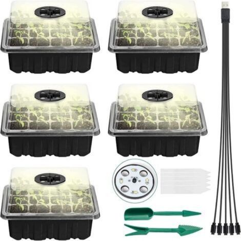 Lot de 5 plateau de semis chauffant avec éclairage intégré, bac de culture réglable pour serre et jardin – fenêtre ajustable + isolation thermique – couleur noire (1/5)