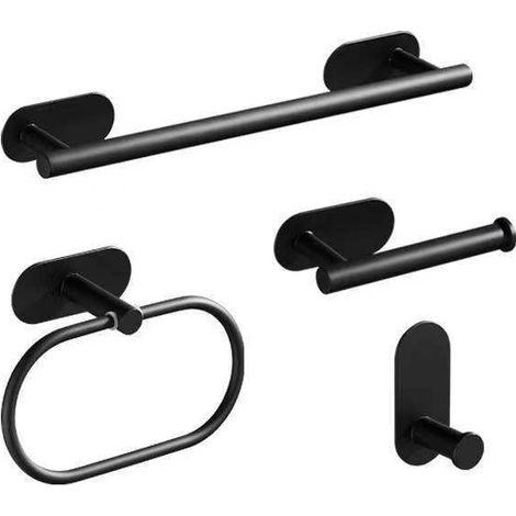 Badezimmer-Zubehör-Set, 4-teiliger Handtuchhalter ohne Bohren, schwarze Handtuchringe aus Edelstahl, schwarzer selbstklebender Toilettenpapierhalter (1/4)