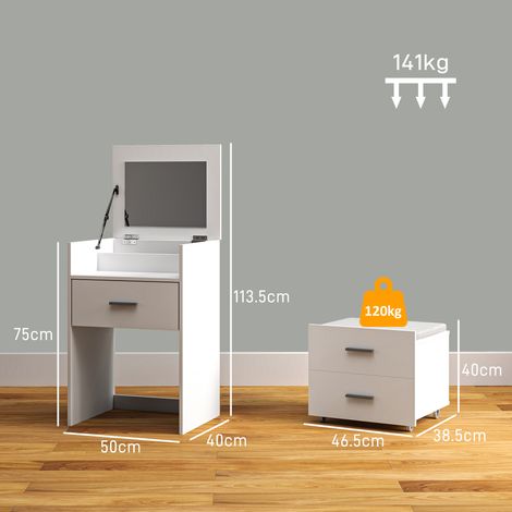 Miroir pliant, deux tiroirs, coiffeuse en bois avec tabouret, 50 x 40 x 113,5 cm, blanc (1/5)