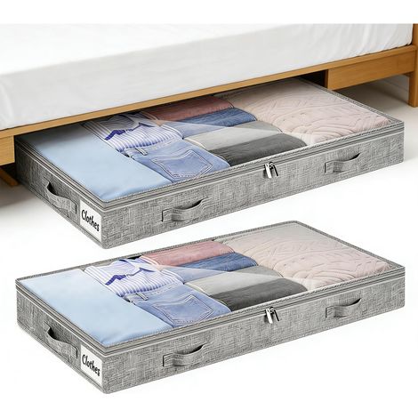 Boite Rangement Sous Lit, Lot de 2 Boite Rangement Vetement en Tissu Pliable avec Couvercle Et Fermetures Eclair Grande Capacite 50l Organisation Vetements Couvertures Sous Le Lit 100x50x10 cm Gris (1/4)