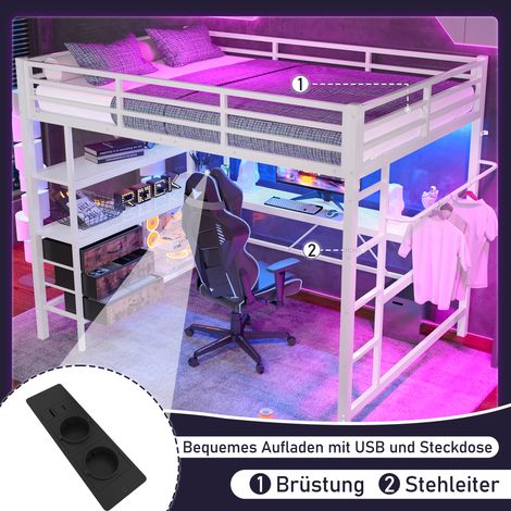 Lit surélevé 140x200 cm blanc avec bande LED, bureau, prise USB, 3 tiroirs, étagères, barrière de sécurité et échelle, sans matelas