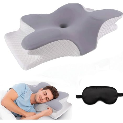 Oreiller Auralix en mousse à mémoire de forme avec masque de sommeil – Oreiller cervical ergonomique, oreiller orthopédique de soutien pour la nuque et les paules, idéal pour les personnes dormantes s (1/5)